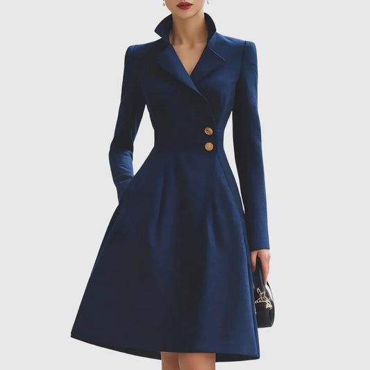 Women's tailored trench coat midi dress with V-neck and buttons – Navy Blue