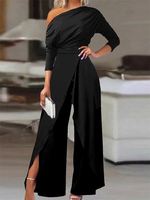 Women's off-shoulder jumpsuit with womens wide leg pants and wrap-front design – Black