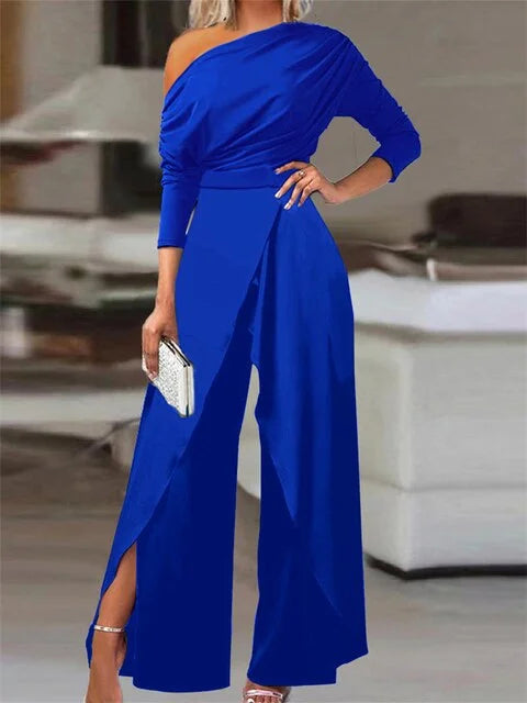 Women's off-shoulder jumpsuit with womens wide leg pants and wrap-front design – Blue