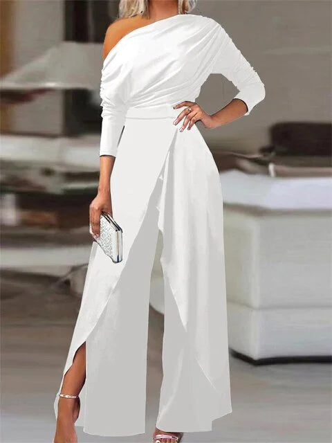 Women's off-shoulder jumpsuit with womens wide leg pants and wrap-front design – White