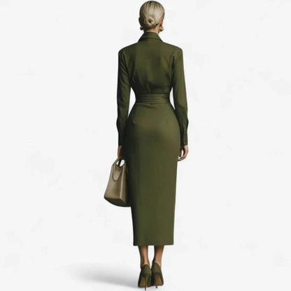 Women's long-sleeve collared midi wrap dress with belted waist – Dark Green
