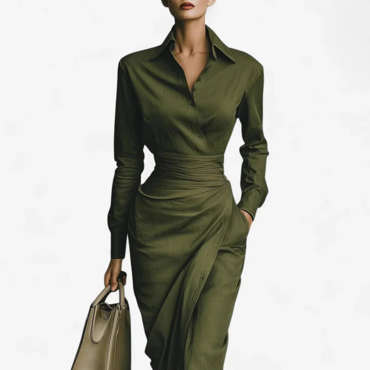 Women's long-sleeve collared midi wrap dress with belted waist – Dark Green