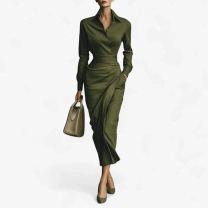 Women's long-sleeve collared midi wrap dress with belted waist – Dark Green