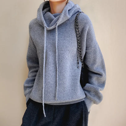 Women's knit hoodie with drawstring cowl-neck and dropped-shoulder