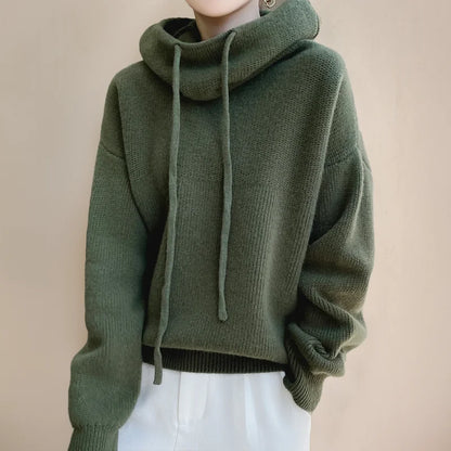 Women's knit hoodie with drawstring cowl-neck and dropped-shoulder
