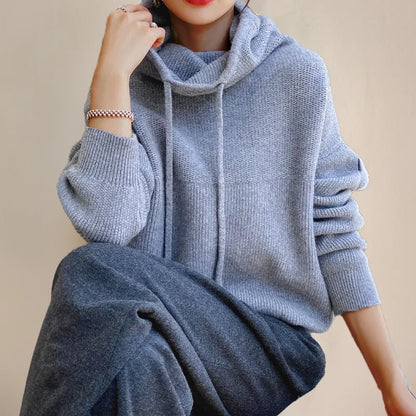 Women's knit hoodie with drawstring cowl-neck and dropped-shoulder