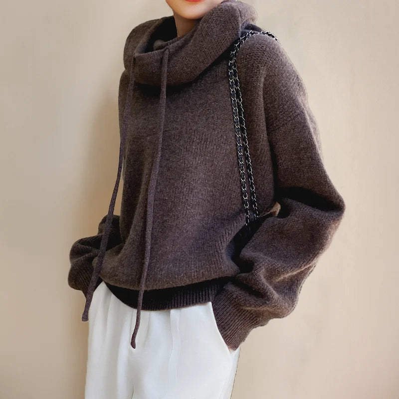 Women's knit hoodie with drawstring cowl-neck and dropped-shoulder