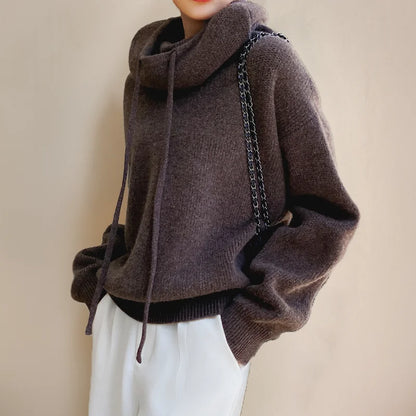 Women's knit hoodie with drawstring cowl-neck and dropped-shoulder
