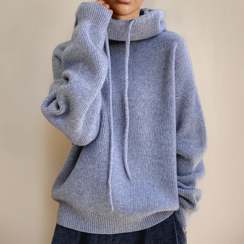 Women's knit hoodie with drawstring cowl-neck and dropped-shoulder – Blue