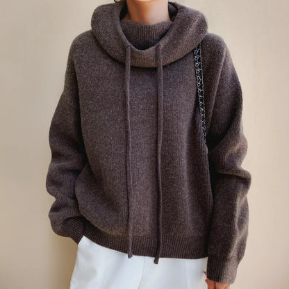 Women's knit hoodie with drawstring cowl-neck and dropped-shoulder – Brown