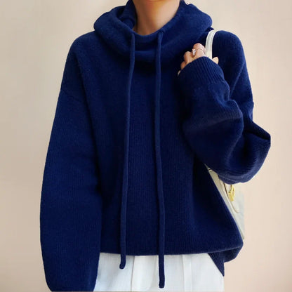 Women's knit hoodie with drawstring cowl-neck and dropped-shoulder – Dark Blue