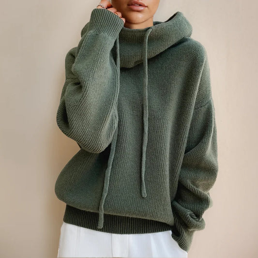 Women's knit hoodie with drawstring cowl-neck and dropped-shoulder – Green