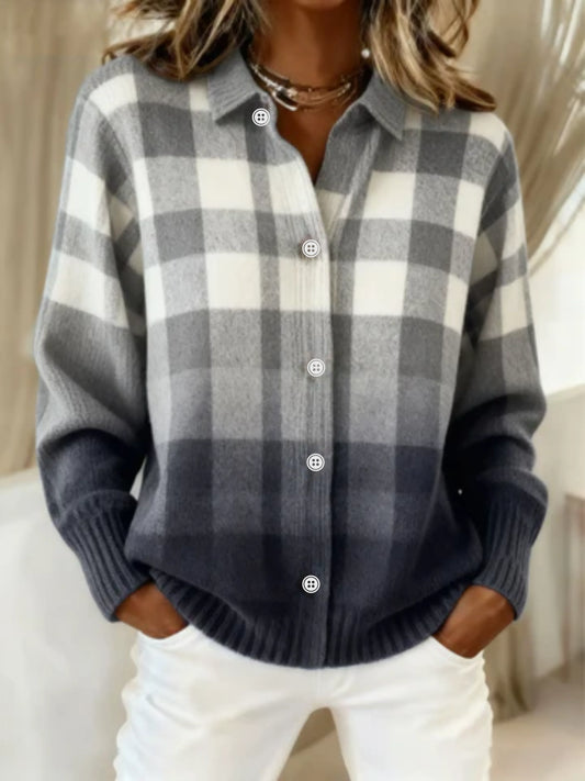 Women's ombré checkered knit blouse with collared button-front and ribbed cuffs – Multicolored