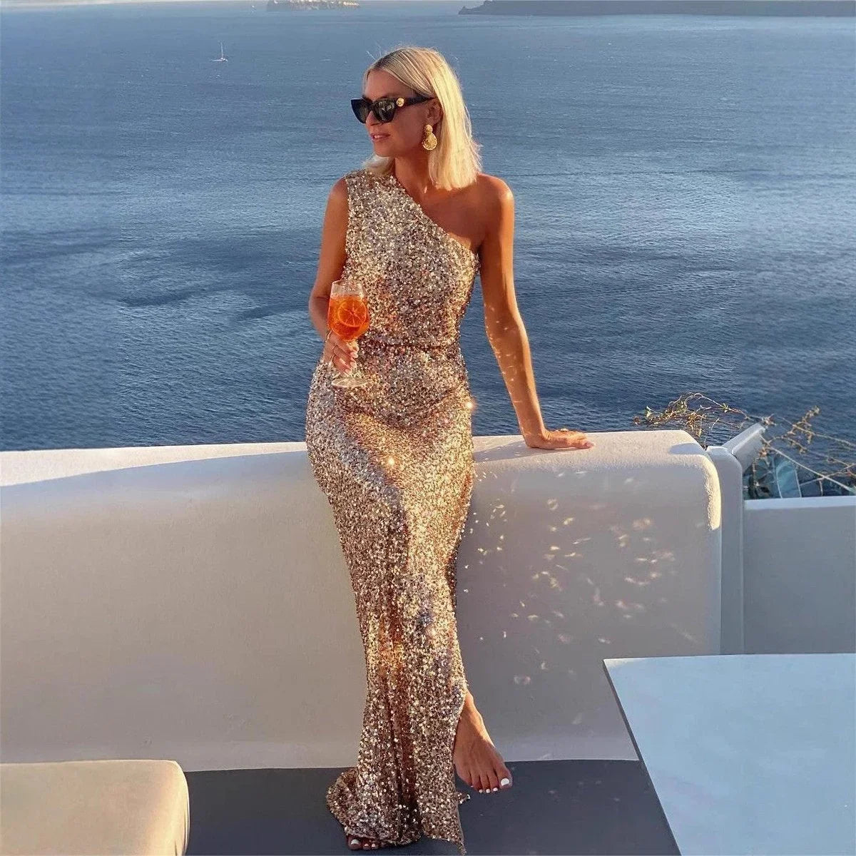 Women's one-shoulder sequin cocktail dress maxi side slit – Champagne