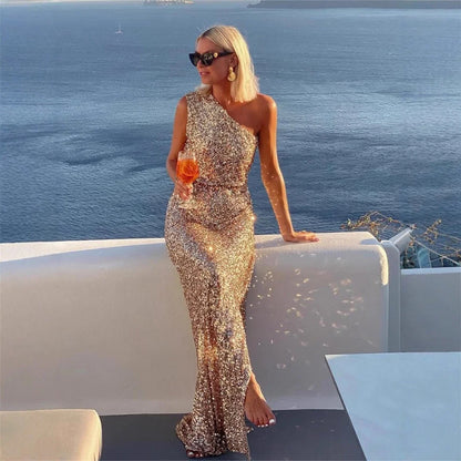 Women's one-shoulder sequin cocktail dress maxi side slit – Champagne