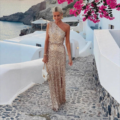 Women's one-shoulder sequin cocktail dress maxi side slit – Champagne