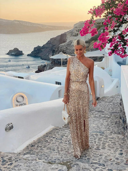 Women's one-shoulder sequin cocktail dress maxi side slit – Champagne