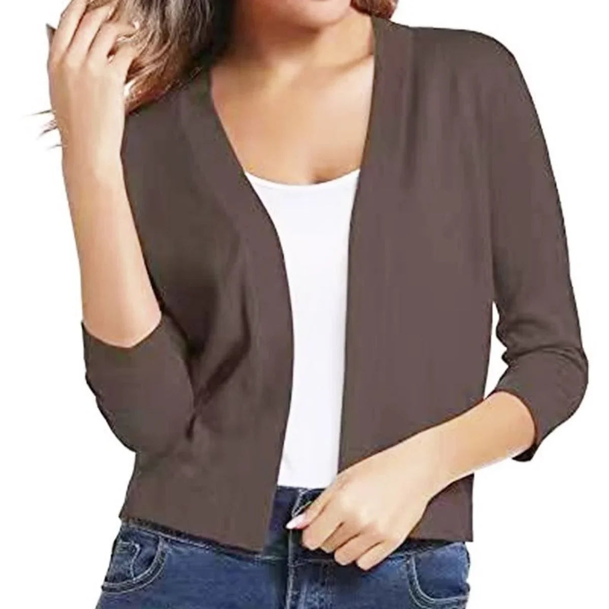 Women's open-front 3/4 sleeve cropped cardigan