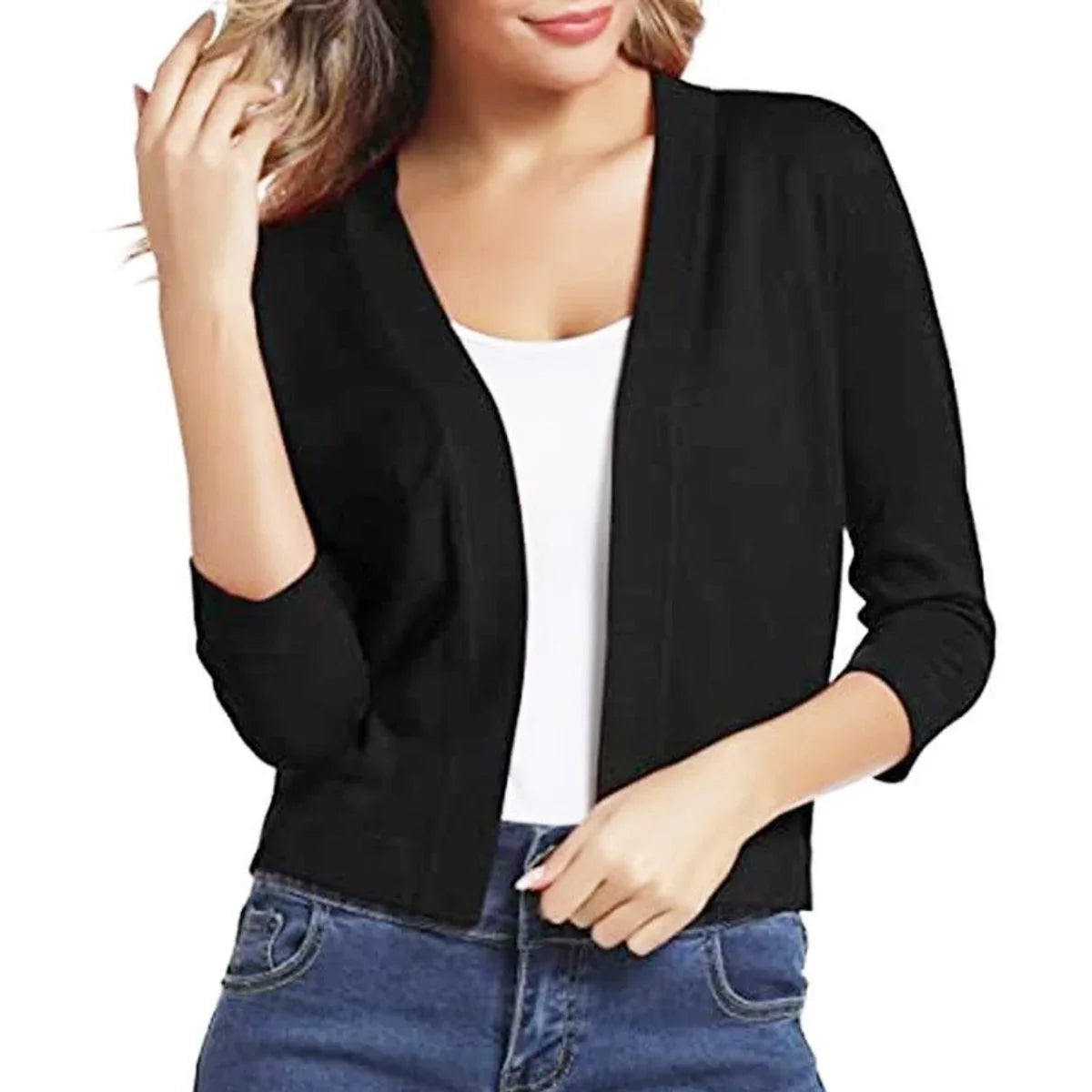 Women's open-front 3/4 sleeve cropped cardigan