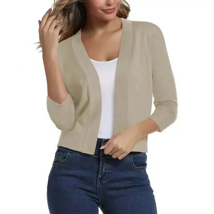 Women's open-front 3/4 sleeve cropped cardigan – Beige