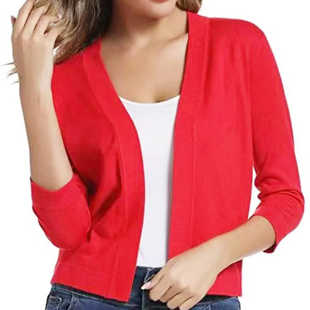 Women's open-front 3/4 sleeve cropped cardigan