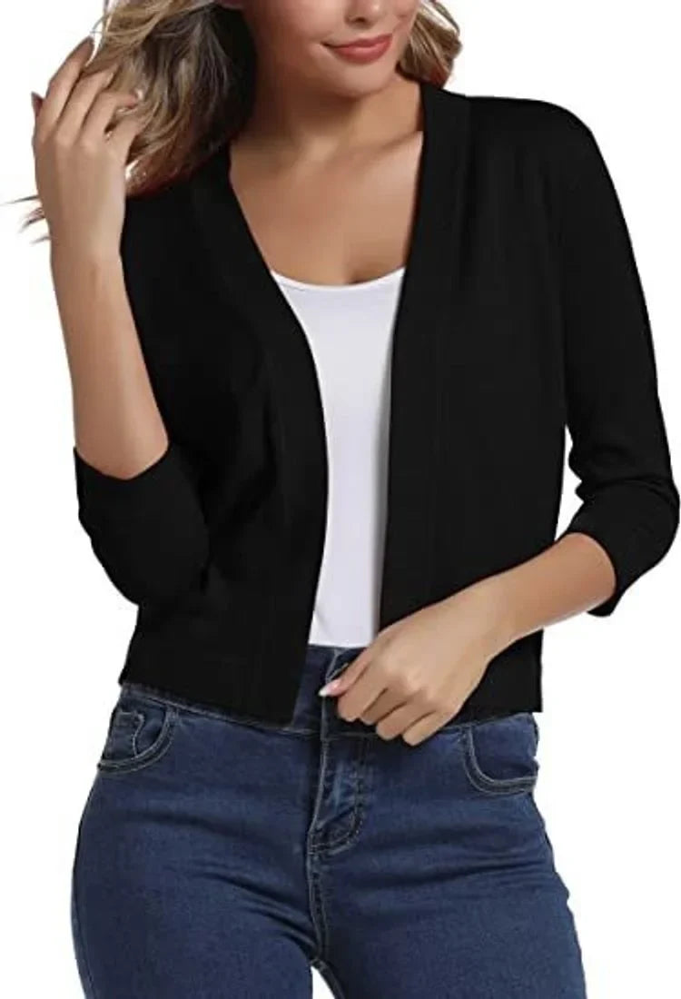 Women's open-front 3/4 sleeve cropped cardigan – Black