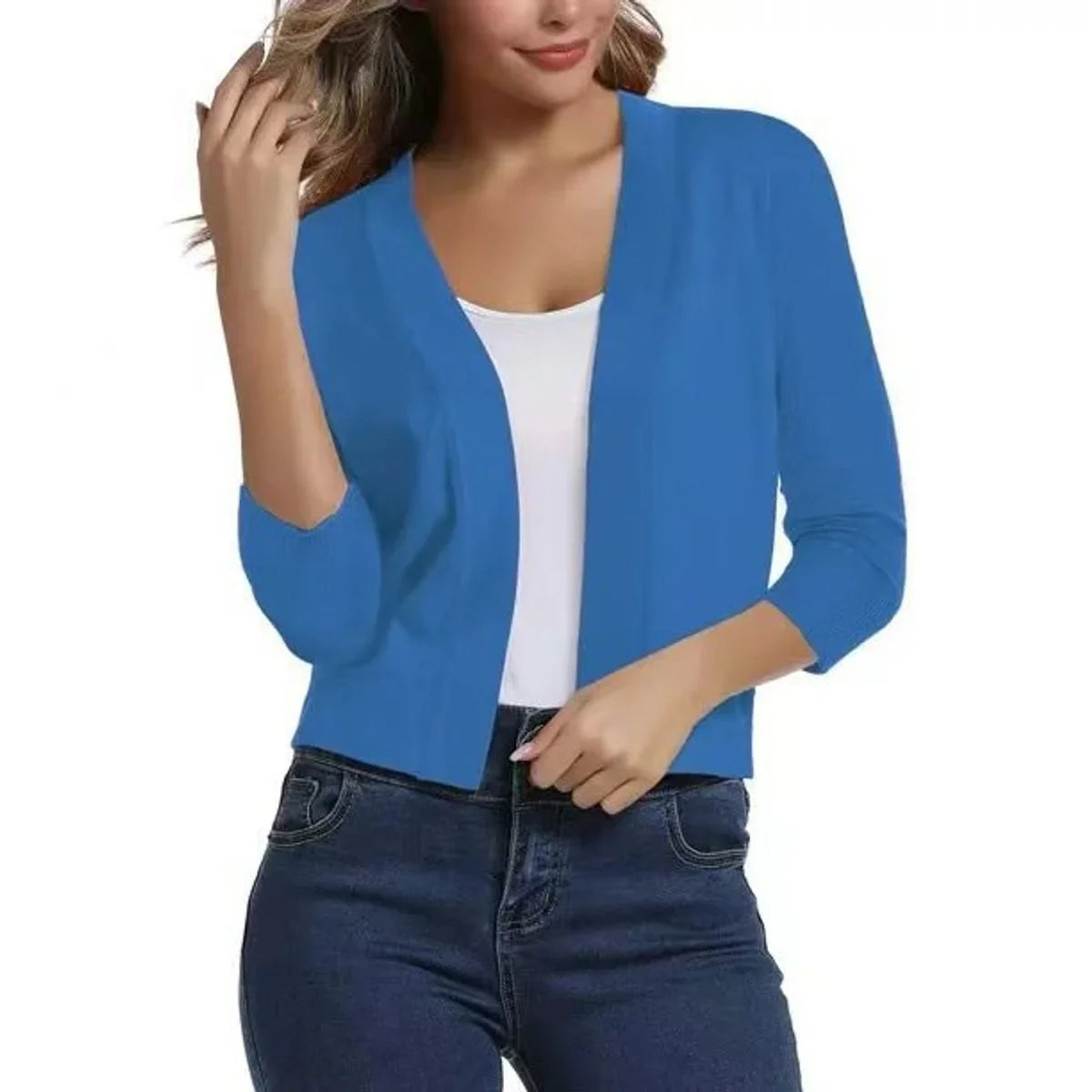 Women's open-front 3/4 sleeve cropped cardigan – Blue