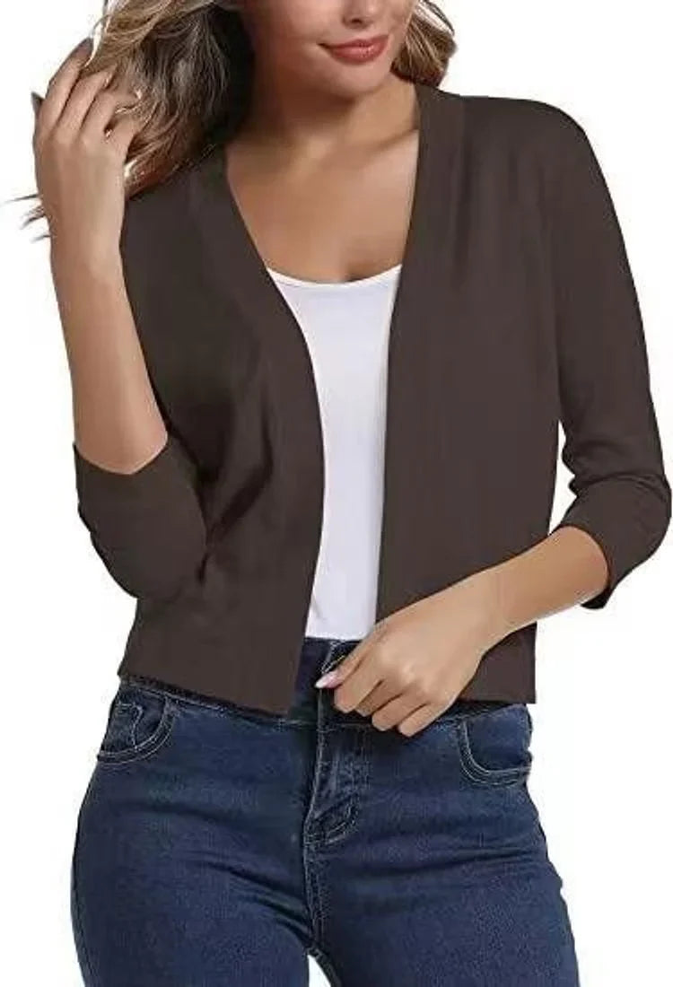 Women's open-front 3/4 sleeve cropped cardigan – Brown