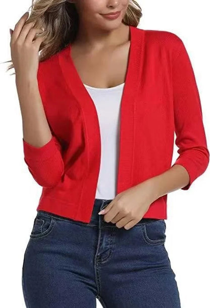 Women's open-front 3/4 sleeve cropped cardigan – China Red