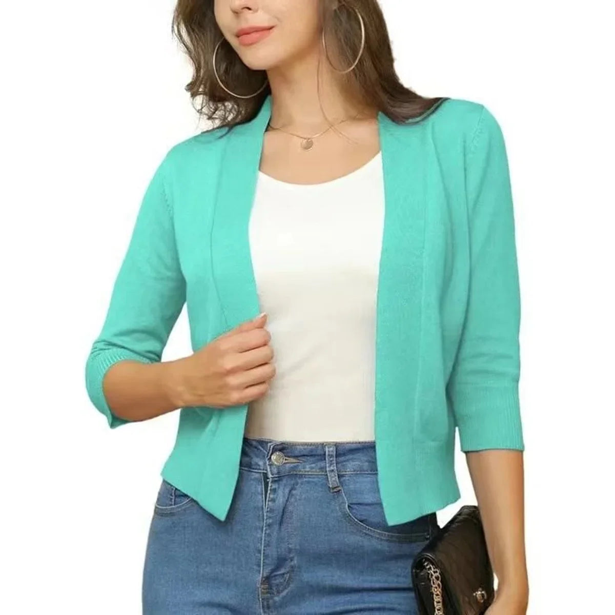 Women's open-front 3/4 sleeve cropped cardigan – Deep Navy Blue