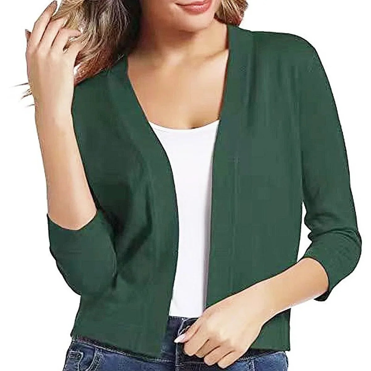 Women's open-front 3/4 sleeve cropped cardigan