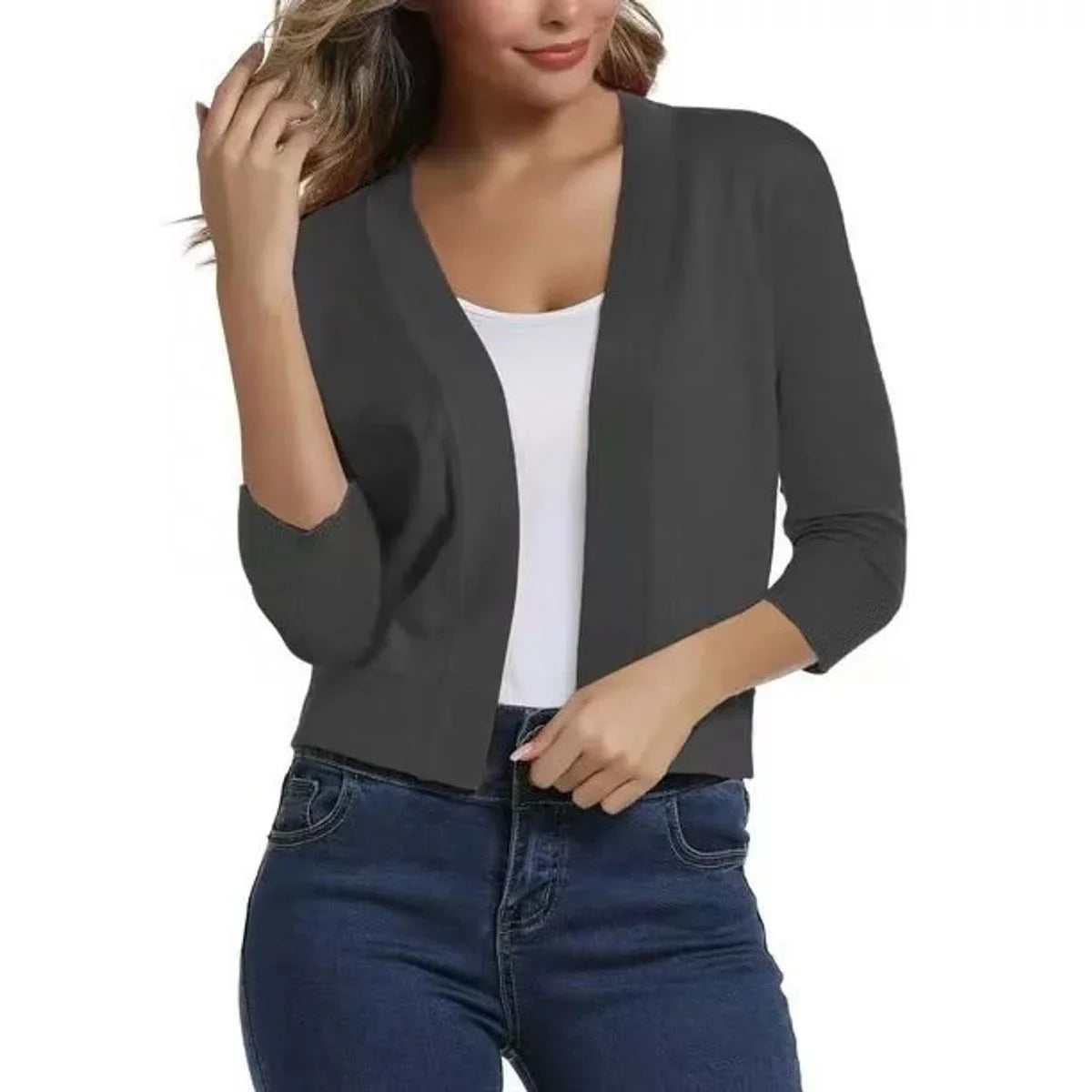 Women's open-front 3/4 sleeve cropped cardigan – Gray