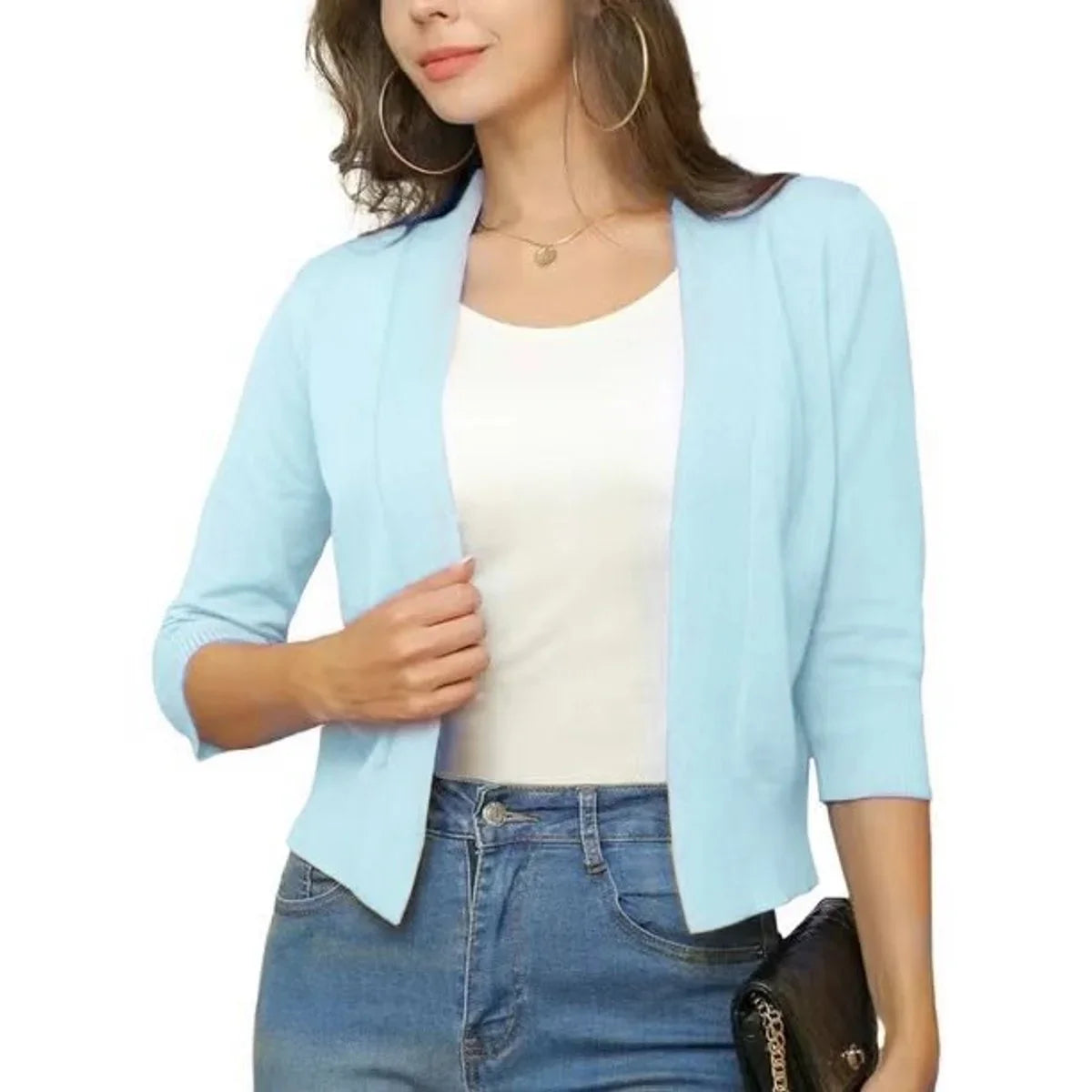 Women's open-front 3/4 sleeve cropped cardigan – Pale Blue