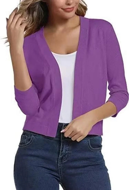 Women's open-front 3/4 sleeve cropped cardigan – Purple