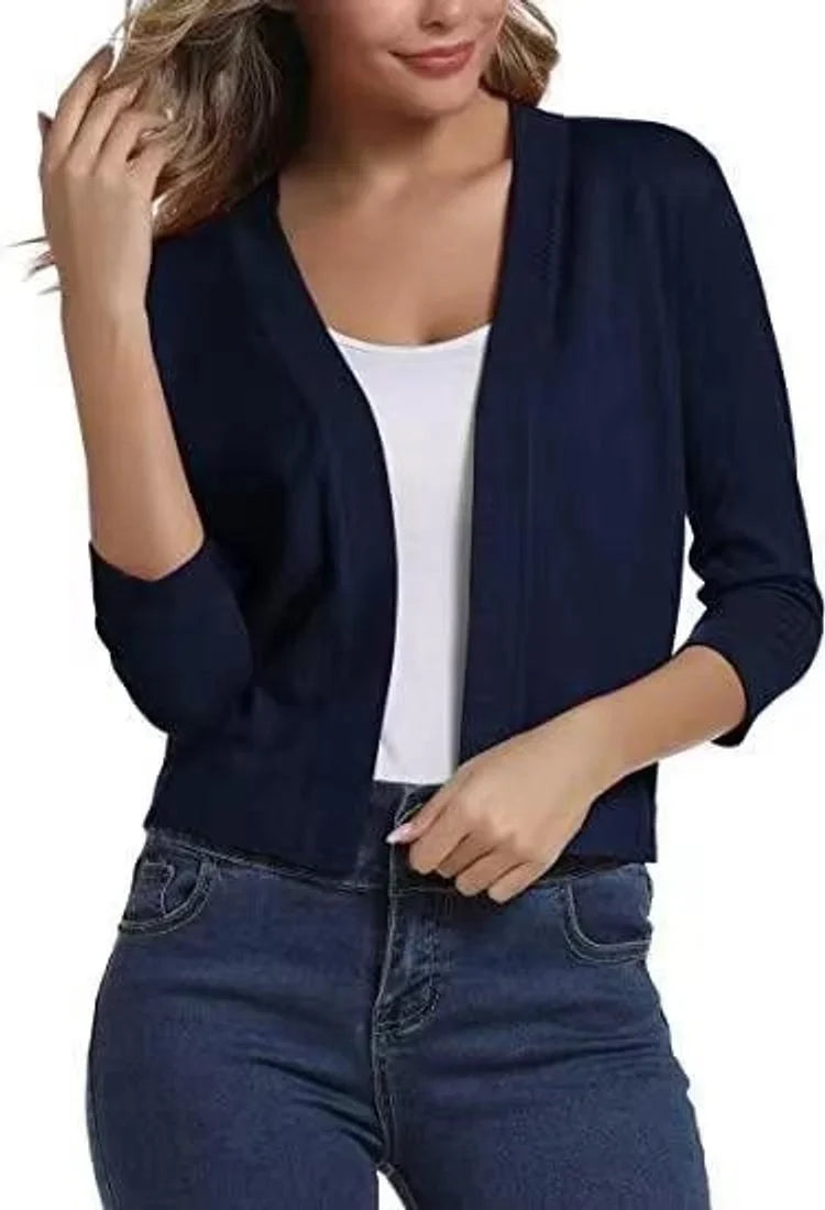 Women's open-front 3/4 sleeve cropped cardigan – Sapphire Blue
