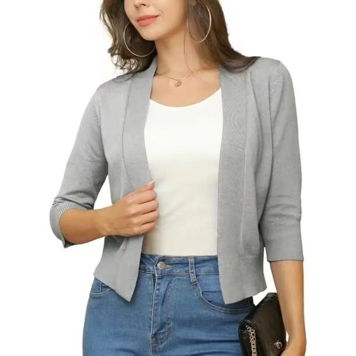 Women's open-front 3/4 sleeve cropped cardigan – Silver Gray