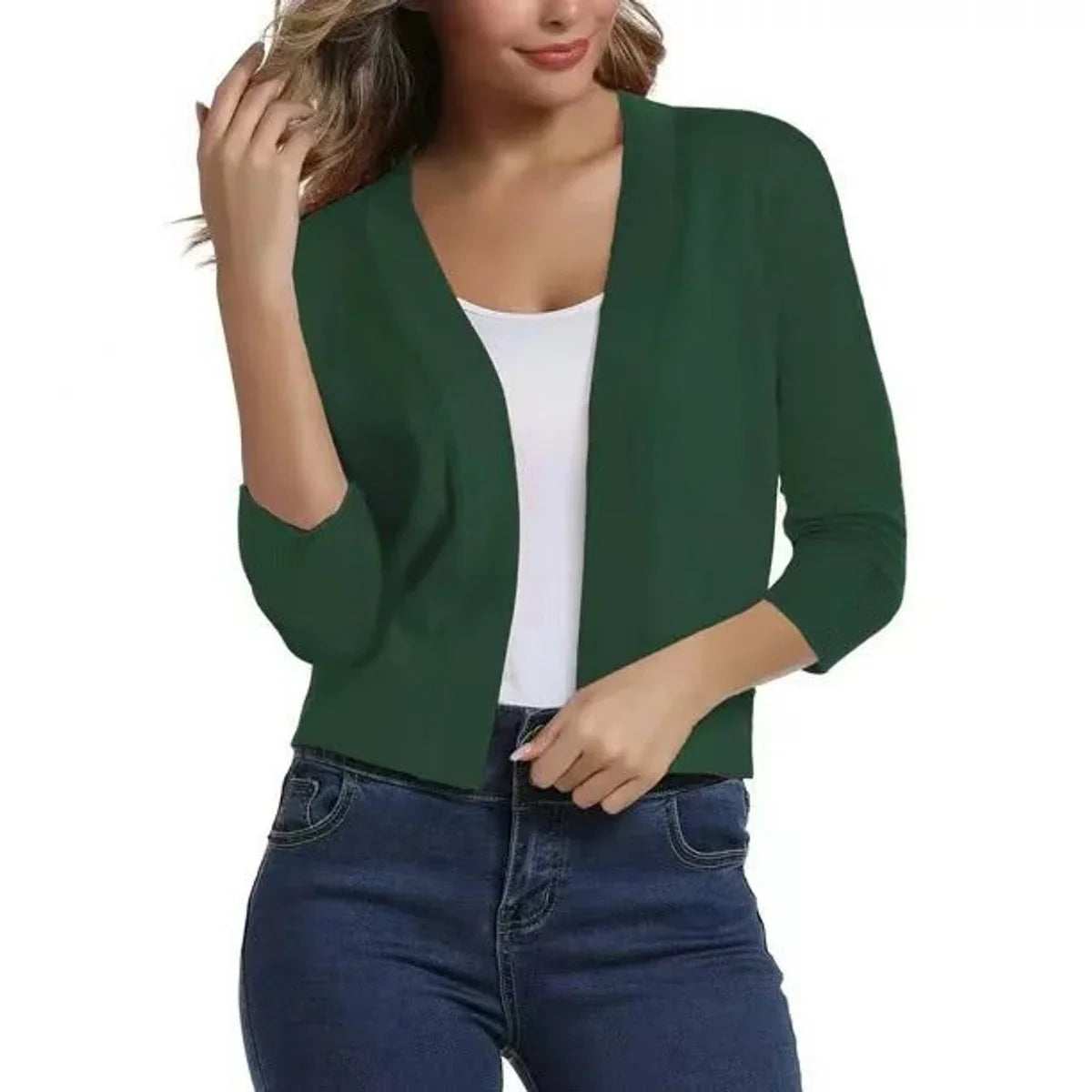 Women's open-front 3/4 sleeve cropped cardigan – Wood Green