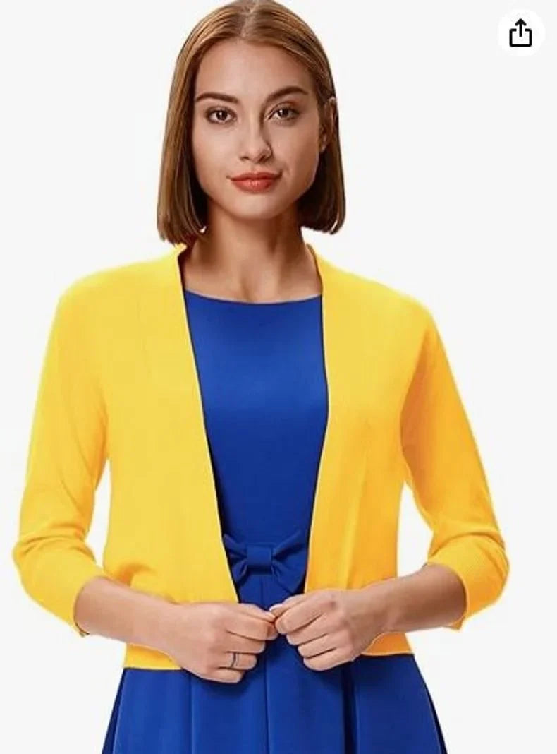 Women's open-front 3/4 sleeve cropped cardigan – Yellow