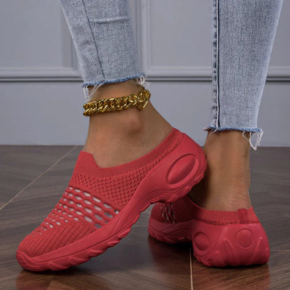Women's open-knit mesh slip-on walking sneakers with cushioned heel