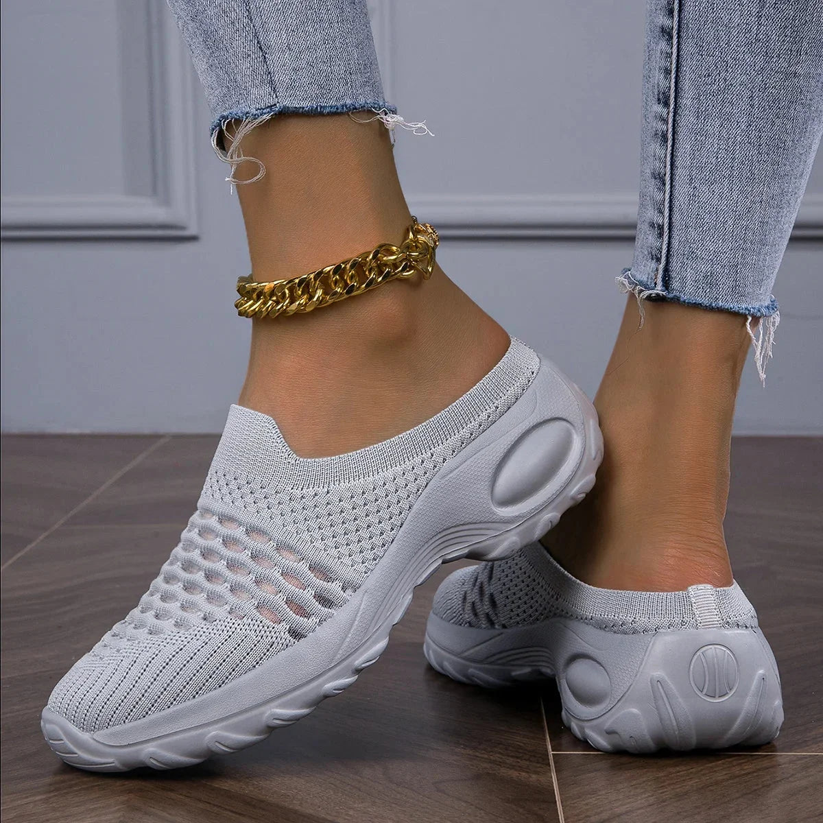 Women's open-knit mesh slip-on walking sneakers with cushioned heel