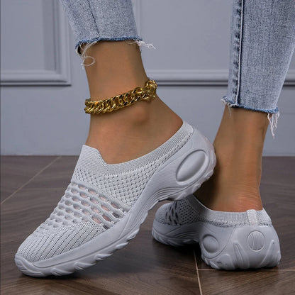 Women's open-knit mesh slip-on walking sneakers with cushioned heel