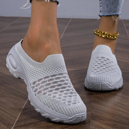 Women's open-knit mesh slip-on walking sneakers with cushioned heel – White
