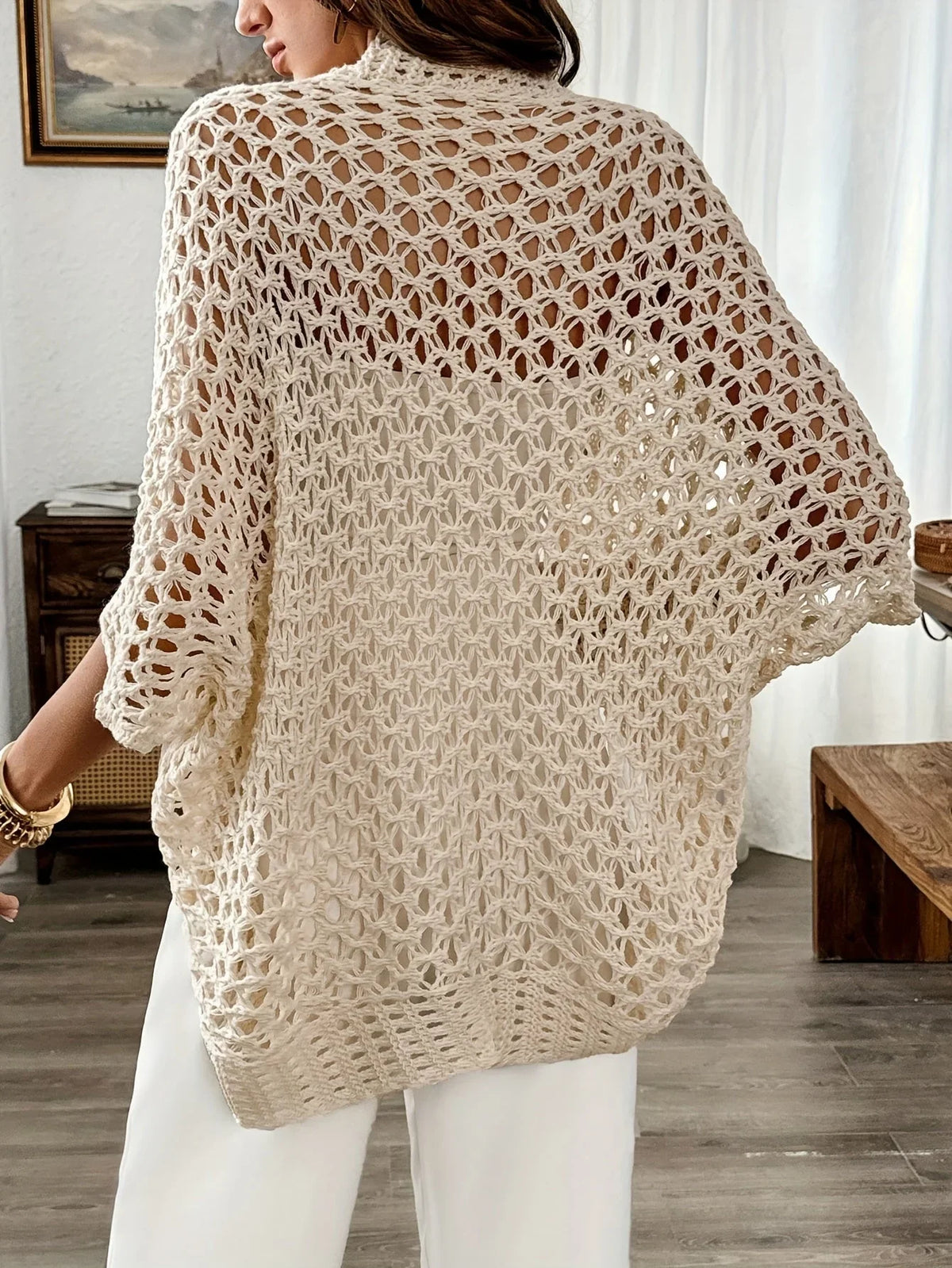 Women's open knit sweater cardigan with drape front and short sleeves – Beige