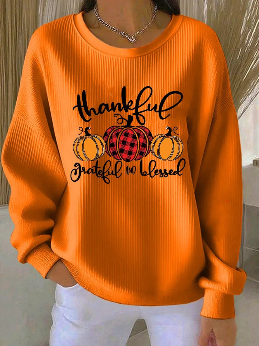 Women's ribbed graphic print knit sweater with crew neck relaxed fit – Orange