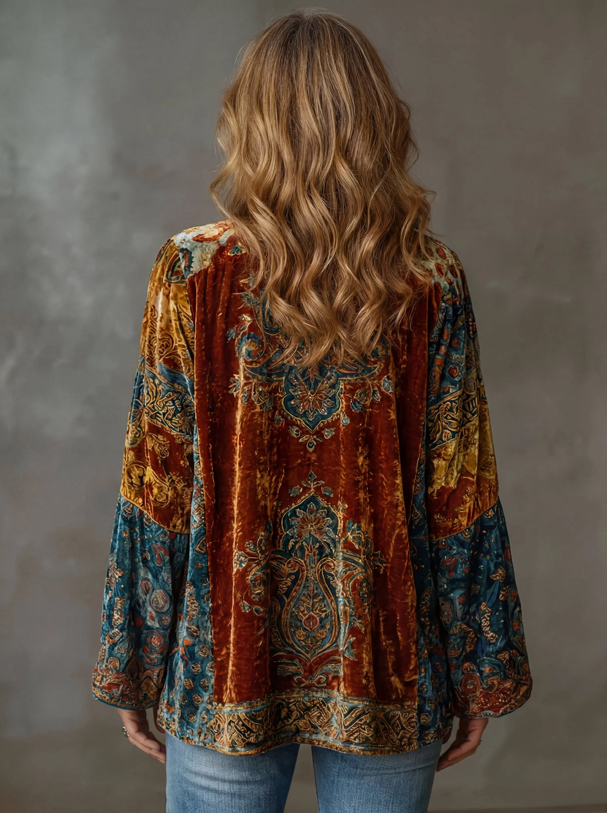 Women's ornate velvet boho kimono denim jacket with wide bell sleeves