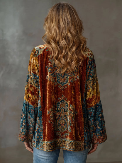 Women's ornate velvet boho kimono denim jacket with wide bell sleeves