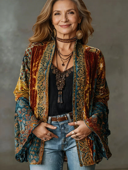 Women's ornate velvet boho kimono denim jacket with wide bell sleeves – Burgundy