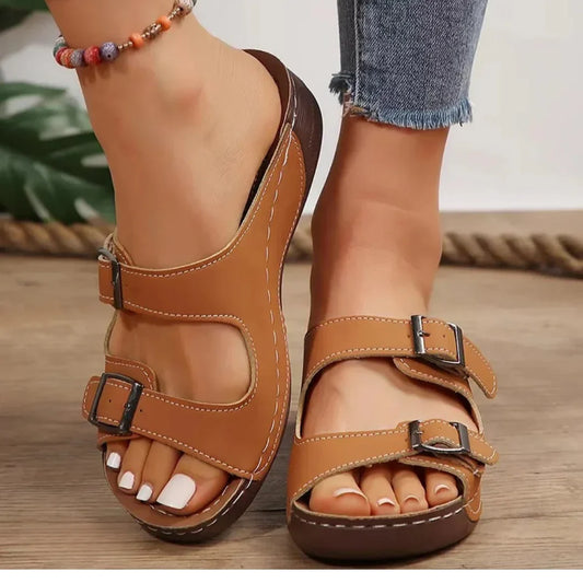 Women's comfort adjustable faux-leather sandals with two buckle straps – Brown