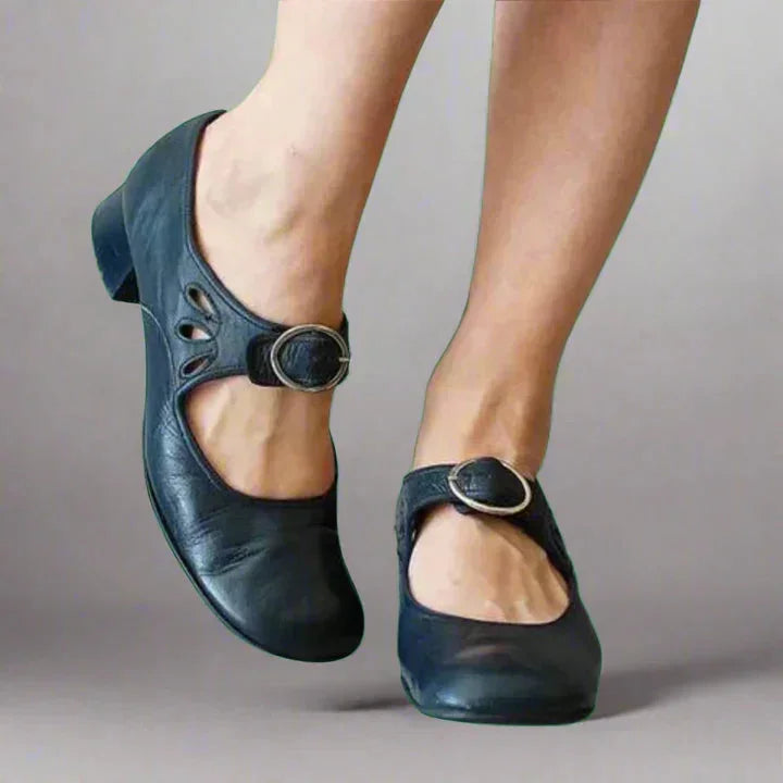 Women's comfort adjustable leather cut-out sandals with Mary-Jane buckle strap – Navy Blue