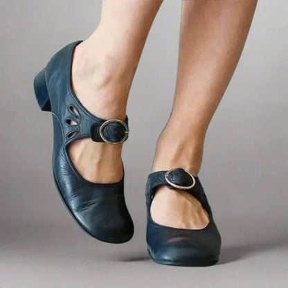 Women's comfort adjustable leather cut-out sandals with Mary-Jane buckle strap – Navy Blue